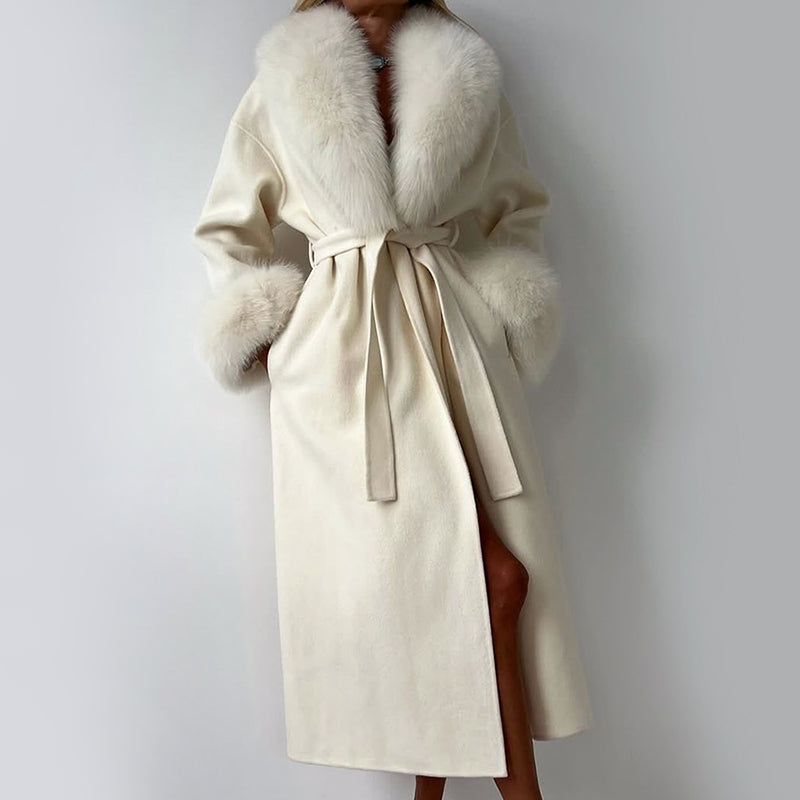 Sienna Wool-Blend Straight Fit Coat | Belted Fur Collar Cuffs Coat