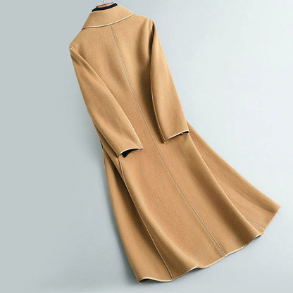 Isla Wool-Blend A-Line Long Coat | Button Front Piped Trim Long Coat