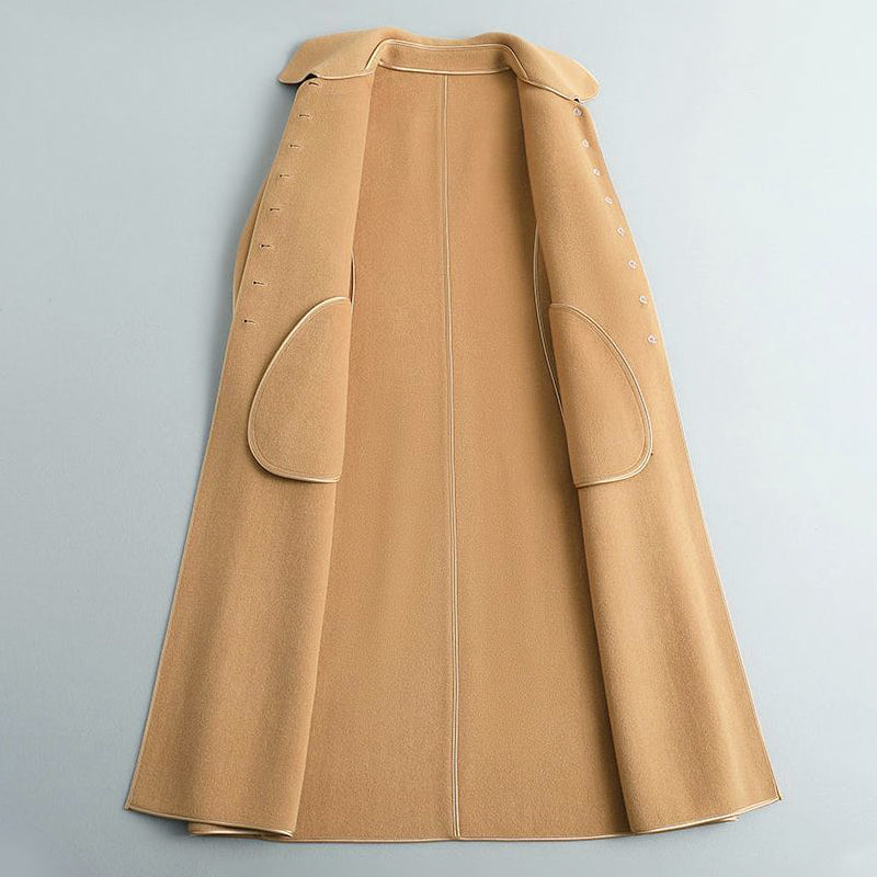 Isla Wool-Blend A-Line Long Coat | Button Front Piped Trim Long Coat