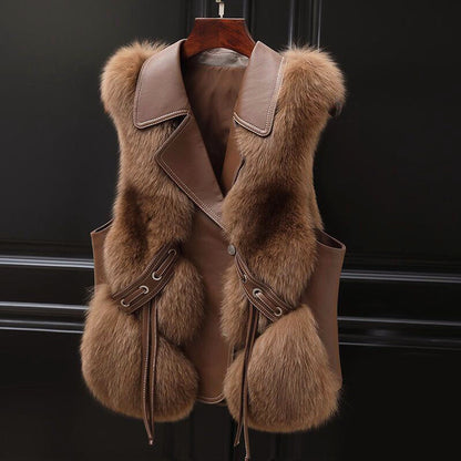 Isla Relaxed Fit Faux Fur Vest | Lapel Collar Waist Tie Vest
