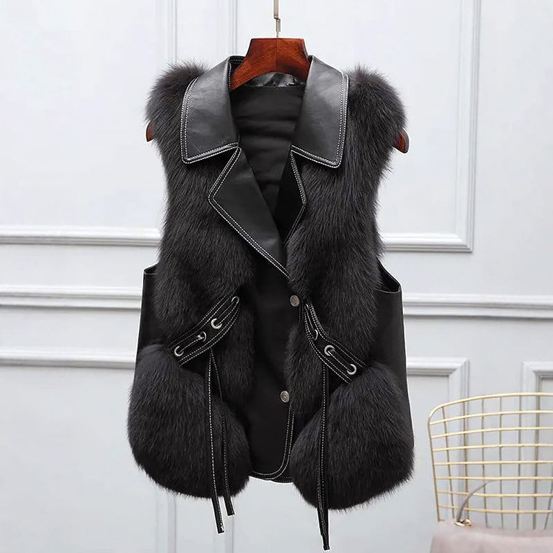 Isla Relaxed Fit Faux Fur Vest | Lapel Collar Waist Tie Vest