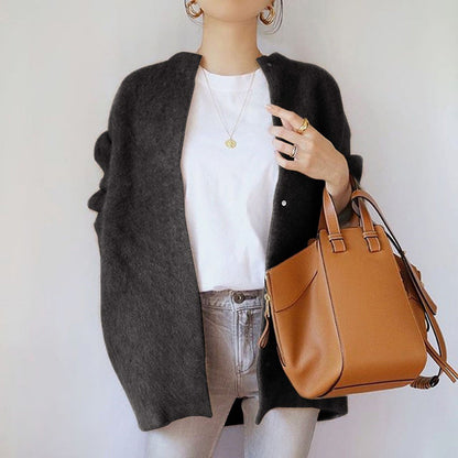 Francesca Wool-Blend Relaxed Fit Cardigan | Open Front Gathered Sleeve Cardigan