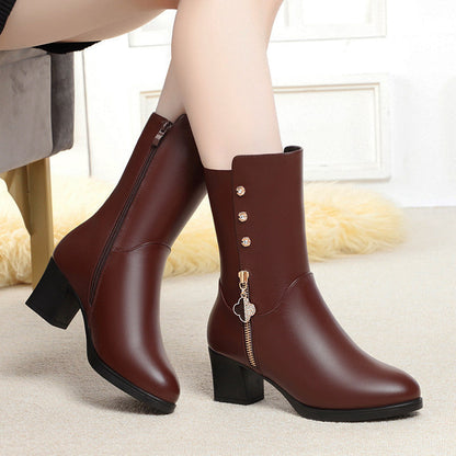 Daisy Faux Leather Mid-Calf Boots | Plush Lining Block Heel Boots