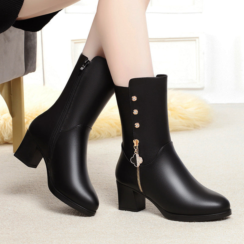 Daisy Faux Leather Mid-Calf Boots | Plush Lining Block Heel Boots