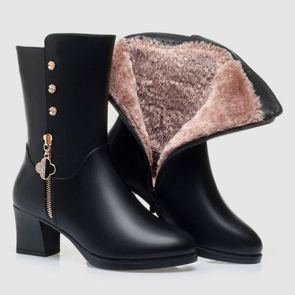 Daisy Faux Leather Mid-Calf Boots | Plush Lining Block Heel Boots