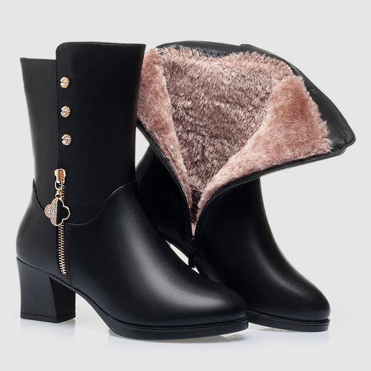 Daisy Faux Leather Mid-Calf Boots | Plush Lining Block Heel Boots