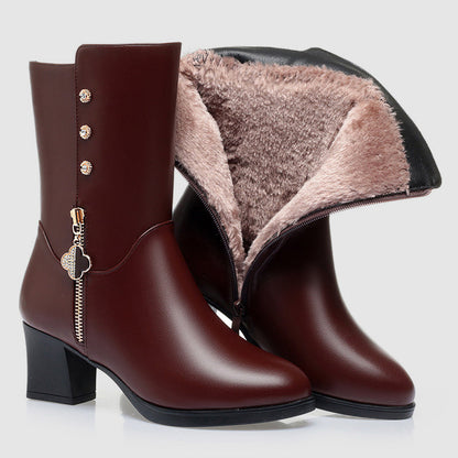Daisy Faux Leather Mid-Calf Boots | Plush Lining Block Heel Boots