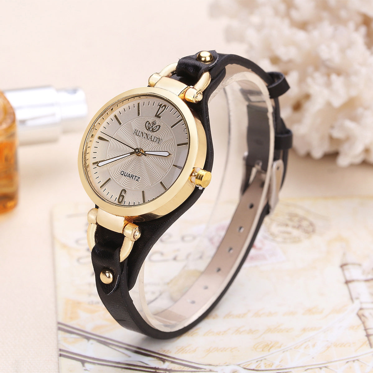 Isla Faux Leather Round Dial Wristwatch | Gold-Tone Bezel Adjustable Strap Wristwatch