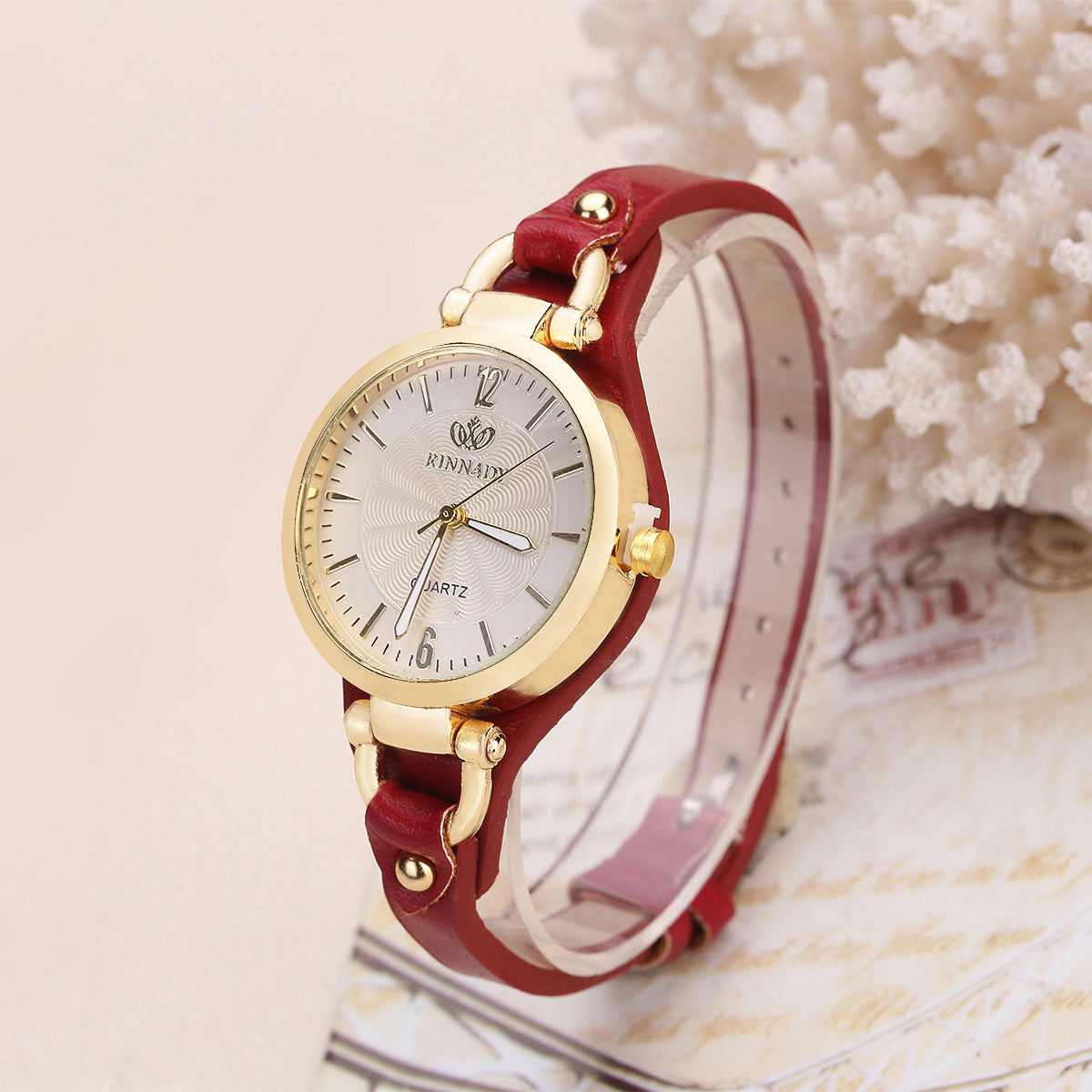 Isla Faux Leather Round Dial Wristwatch | Gold-Tone Bezel Adjustable Strap Wristwatch