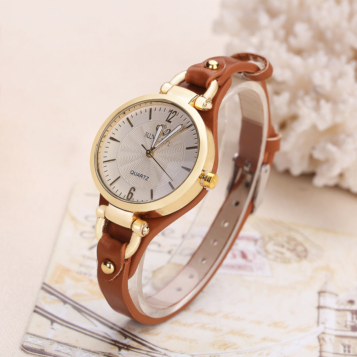 Isla Faux Leather Round Dial Wristwatch | Gold-Tone Bezel Adjustable Strap Wristwatch