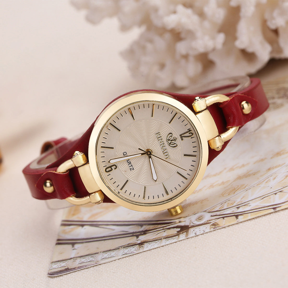 Isla Faux Leather Round Dial Wristwatch | Gold-Tone Bezel Adjustable Strap Wristwatch