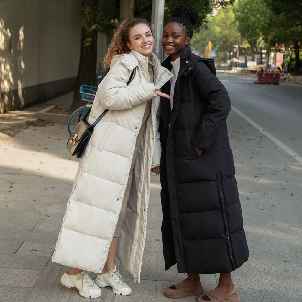 Women's Long Down Jacket - Quilted Puffer Design - High Collar - Warm and Stylish