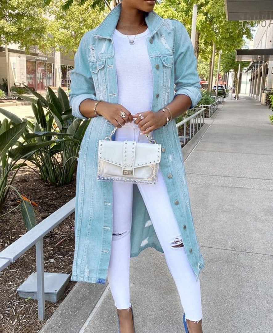 Women's Jacket – Oversized Fit – Denim Look – Button Closure – Mid-Length Casual Style