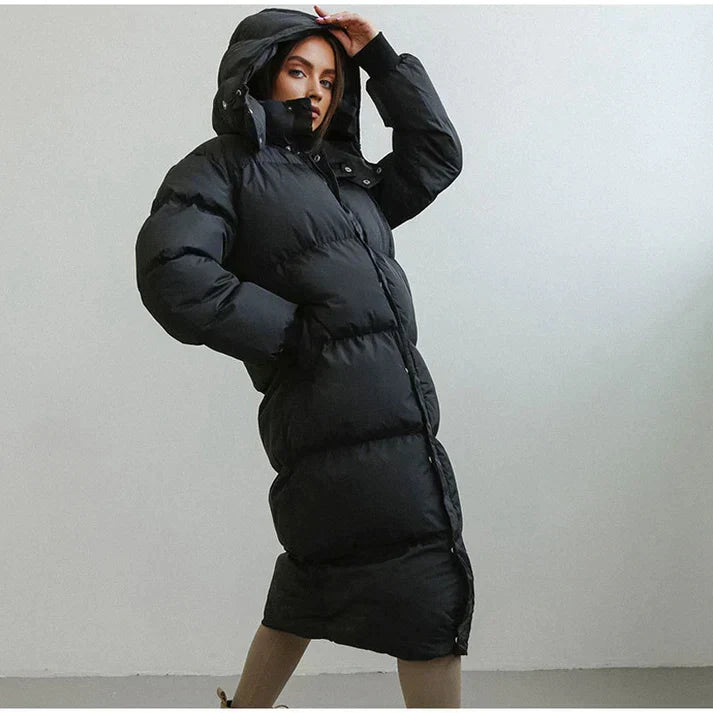 Women’s Long Puffer Jacket - Quilted - Oversized Fit - Ankle Length - High Collar