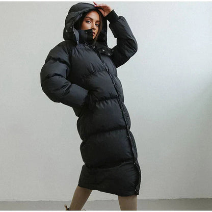 Women’s Long Puffer Jacket - Quilted - Oversized Fit - Ankle Length - High Collar