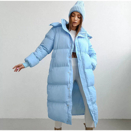 Women’s Long Puffer Jacket - Quilted - Oversized Fit - Ankle Length - High Collar