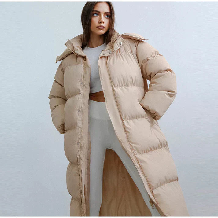 Women’s Long Puffer Jacket - Quilted - Oversized Fit - Ankle Length - High Collar