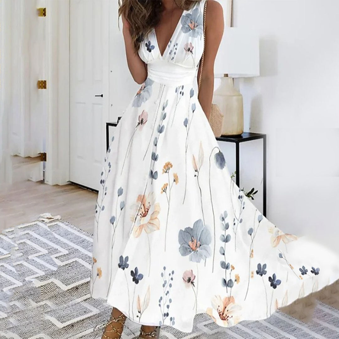 Women's Dress Maxi – Airy Fit – Deep V-Neck – Sleeveless – Fitted Waist – Floral Pattern