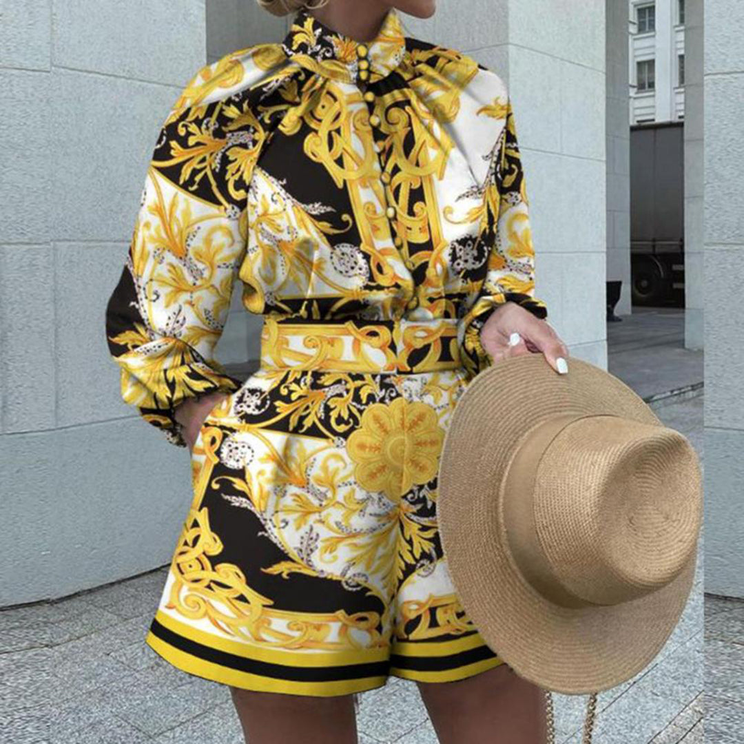 Women's Romper – Tailored Fit – High Neck – Puff Sleeves – Elegant Print – Waist Effect