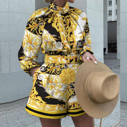 Women's Romper – Tailored Fit – High Neck – Puff Sleeves – Elegant Print – Waist Effect