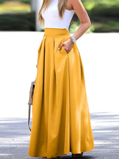 Dame Maxinederdel - Høj Talje - Flowy Silhuet - Med Lommer - Elegante Folder