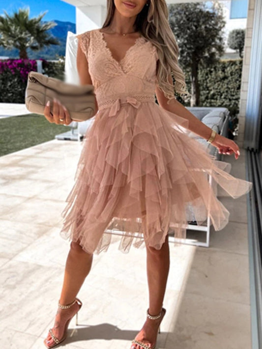 Women's Dress - Sleeveless V-neck - Lace Top - Ruffled Tulle Skirt - Elegant Party Look