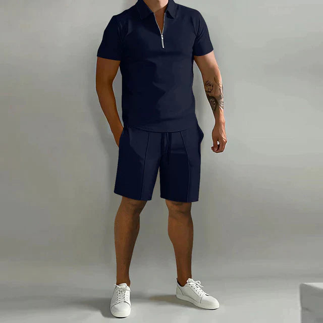 Men's set with polo and shorts – Slim Fit top – Relaxed Fit bottom – breathable material – zip collar – adjustable waist