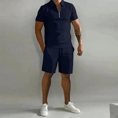 Men's set with polo and shorts – Slim Fit top – Relaxed Fit bottom – breathable material – zip collar – adjustable waist