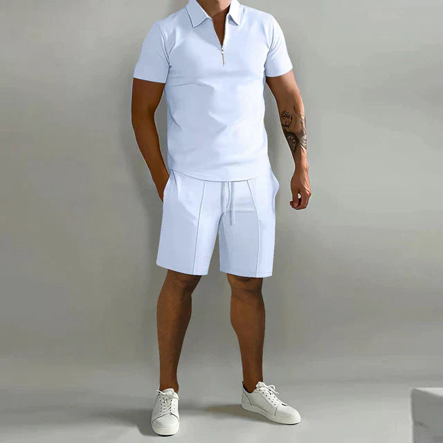 Men's set with polo and shorts – Slim Fit top – Relaxed Fit bottom – breathable material – zip collar – adjustable waist