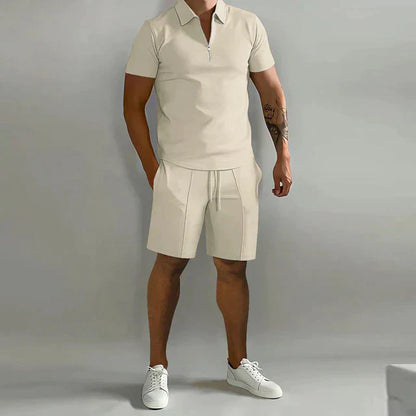 Men's set with polo and shorts – Slim Fit top – Relaxed Fit bottom – breathable material – zip collar – adjustable waist