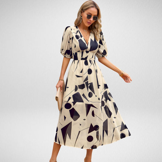 Linne - Abstract Print Maxi Dress with Puff Sleeves