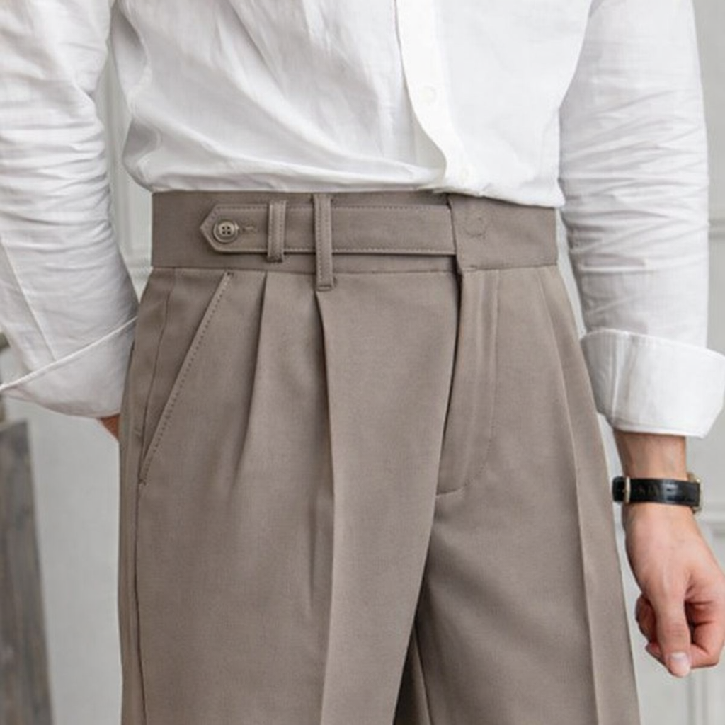 Men's Trousers - Classic Tailored Fit - High-Waisted with Pleated Details - Formal