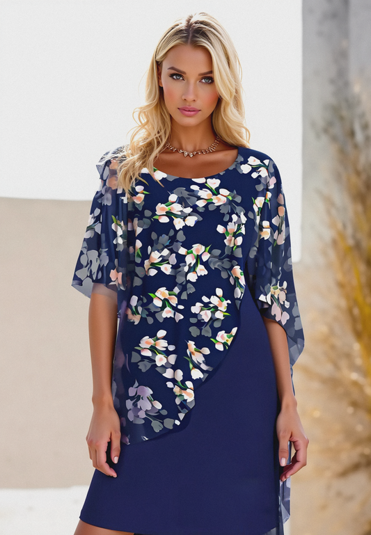 Women's Dress – Relaxed Fit – A-line Cut – Chiffon – Asymmetric Floral Pattern