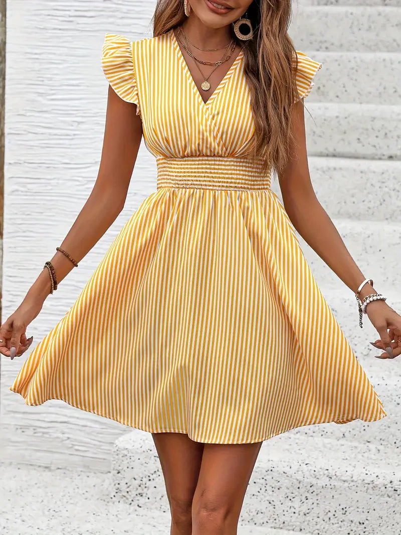 Women's Summer Dress - V-Neck - Ruffle Sleeves - Fitted Waist - Light and Breathable