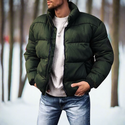 Men's Down Jacket - Insulating and Lightweight - High Collar - Quilted Design - Windproof and Warm