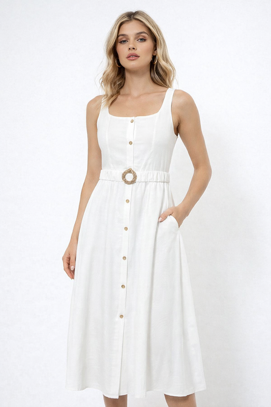 Women’s Square Neck Suspender Midi Dress – Button Front – Waist Belt Detail