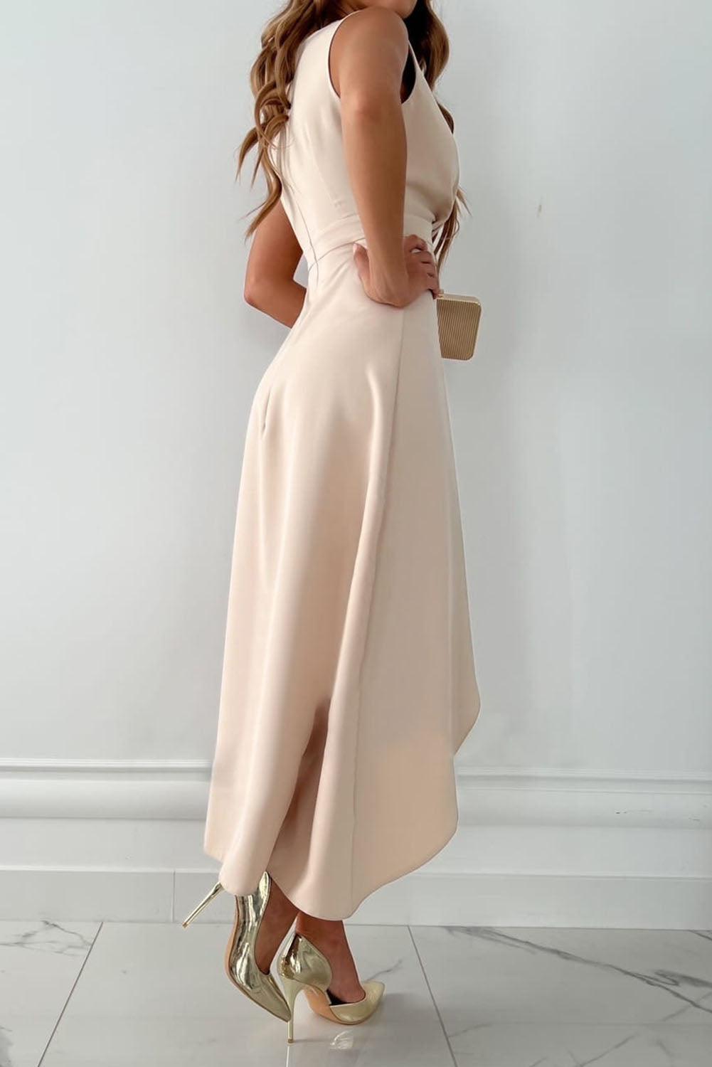 Women's Dress - Sleeveless V-Neck - Wrap Design - Asymmetric High-Low Skirt - Elegant Party Look