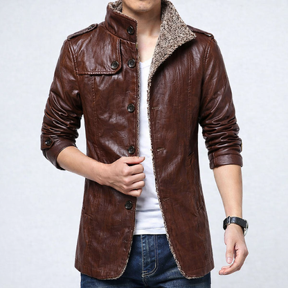 Men’s Leather Jacket – Slim Fit – Stand Collar – Button Front Design