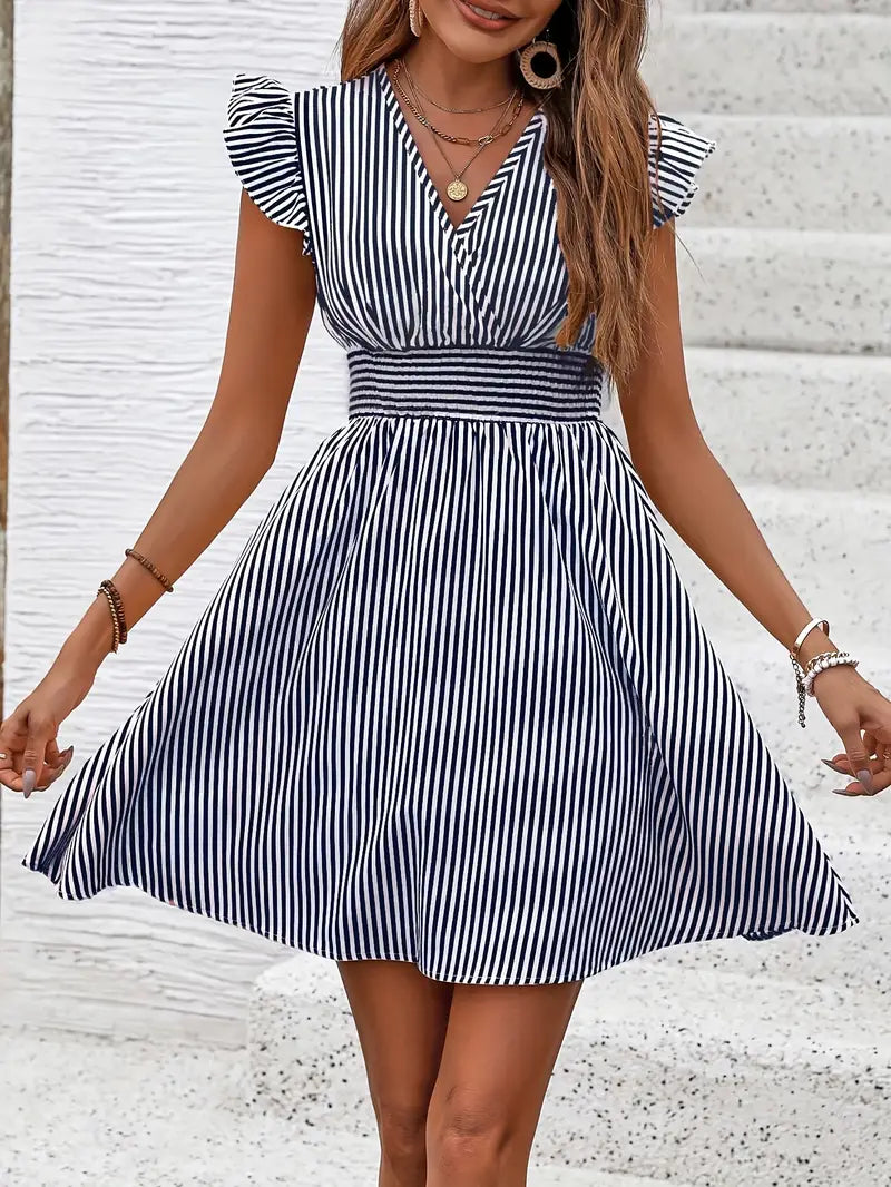 Women's Summer Dress - V-Neck - Ruffle Sleeves - Fitted Waist - Light and Breathable