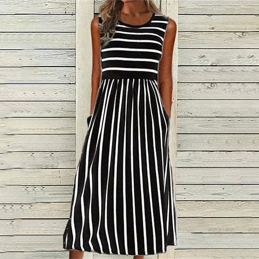 Women's Tank Midi Dress – Relaxed Fit – Striped Pattern – Natural Fibers