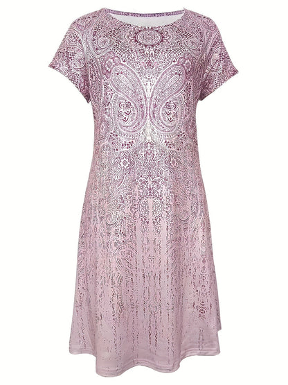 Dress for Women – Mini – Relaxed Fit – Short-Sleeved – Round Neck – Print Design