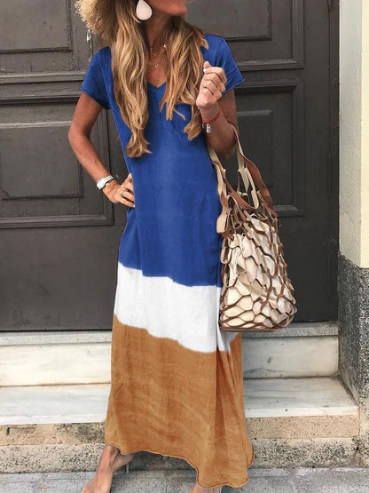 Women's Maxi Dress – Relaxed Fit – Breathable Material – V-neck – Patchwork Design