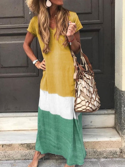 Women's Maxi Dress – Relaxed Fit – Breathable Material – V-neck – Patchwork Design