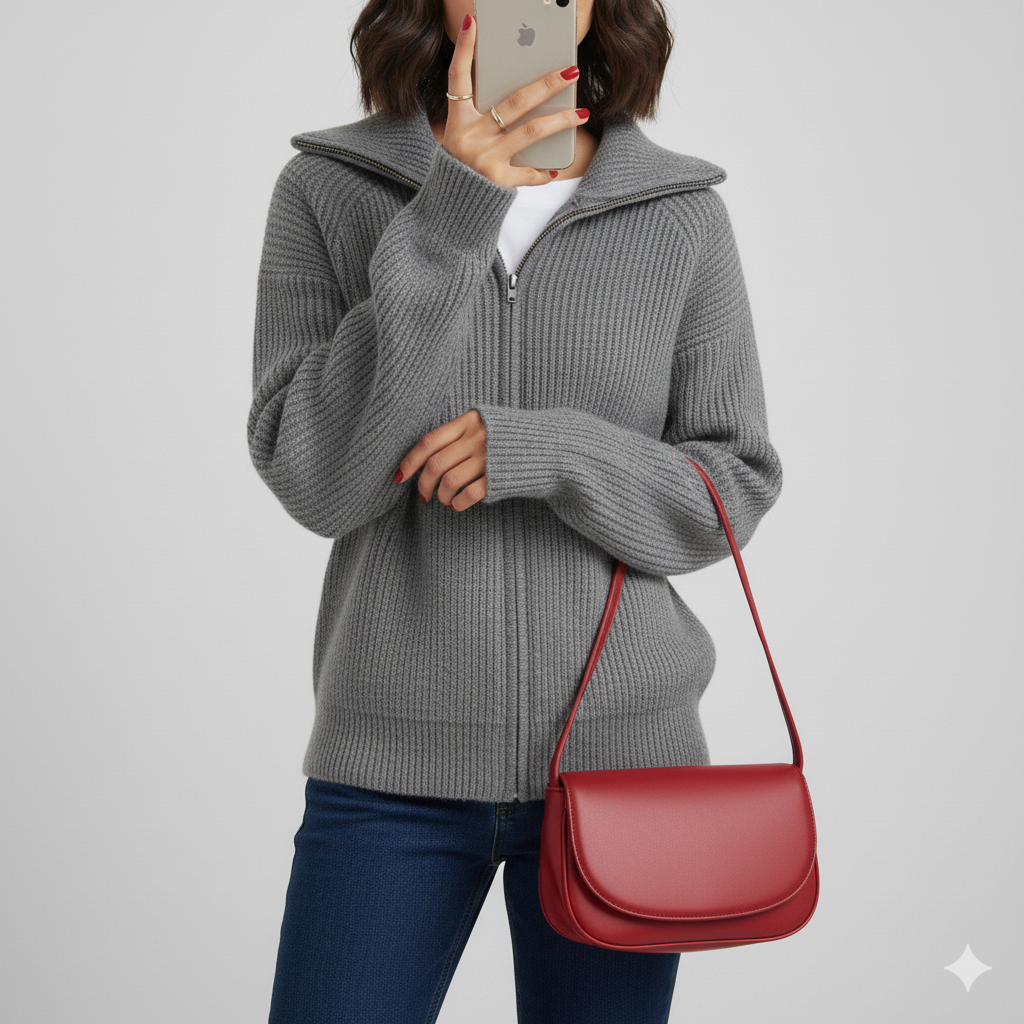 Women's Cardigan – Slim Fit – Ribbed Knit – High Collar – Zipper Closure