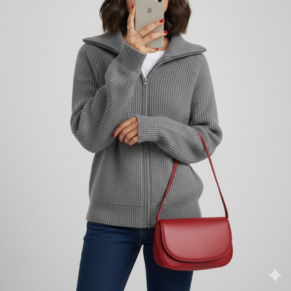 Women's Cardigan – Slim Fit – Ribbed Knit – High Collar – Zipper Closure