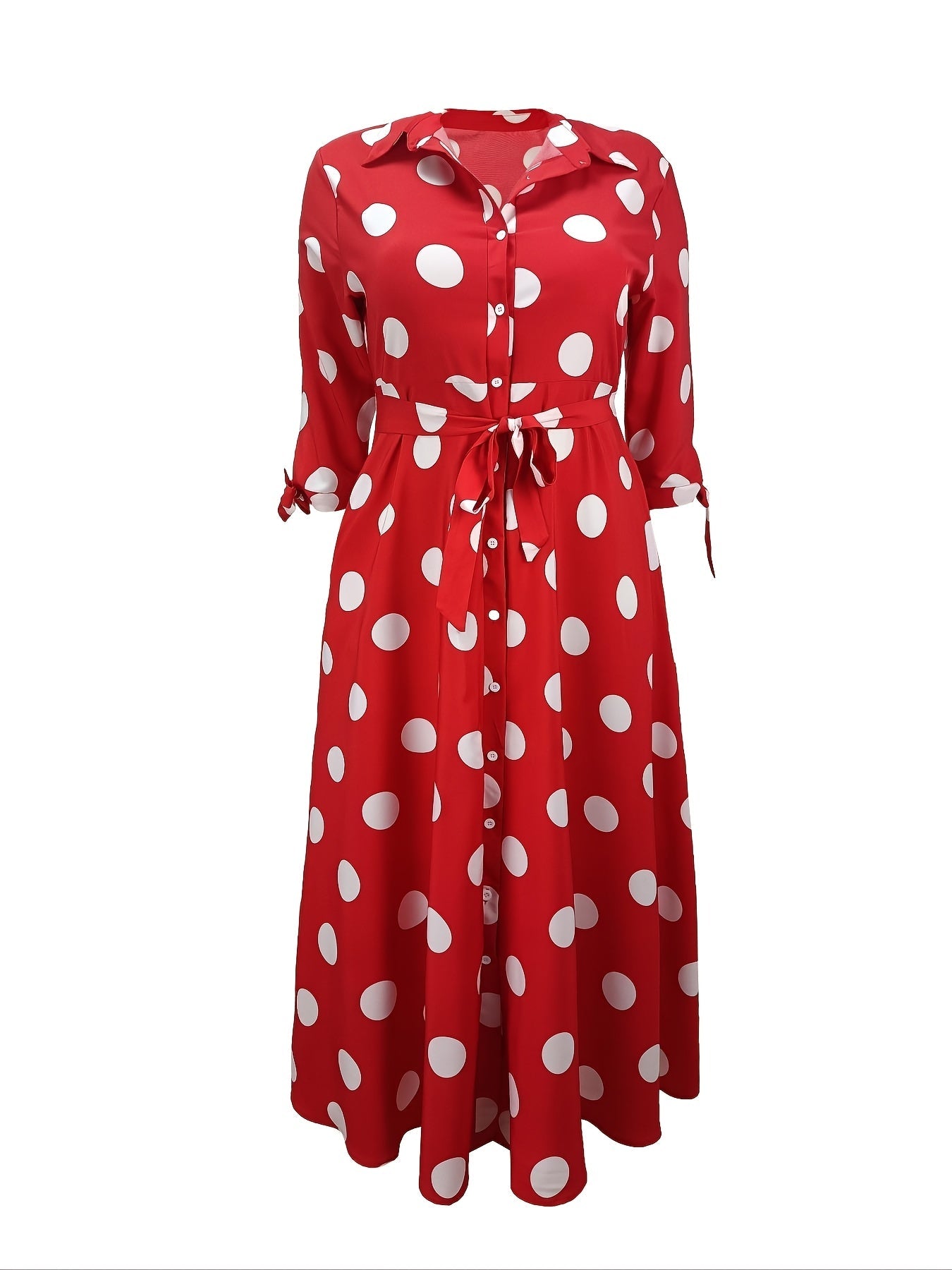 Women's Maxi Dress - Polka Dot Pattern - Button Closure - Waist Tie - 3/4 Sleeves
