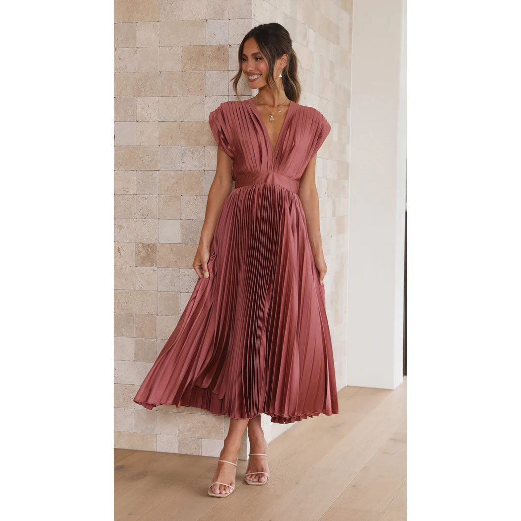 Dame Maxi Kjole - Elegant V-Hals - Plisseret Design - Flatterende Taljesnit