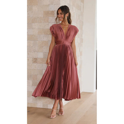 Dame Maxi Kjole - Elegant V-Hals - Plisseret Design - Flatterende Taljesnit