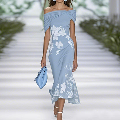 Women's Midi Dress – Off Shoulder – Fitted Fit – Floral Print – Breathable Material