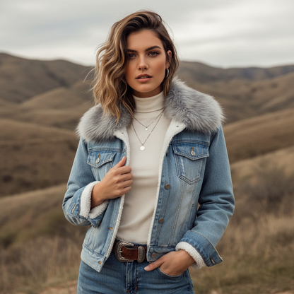 Amelia Regular Fit Denim Jacket | Fur Collar Sherpa Lined Denim Jacket